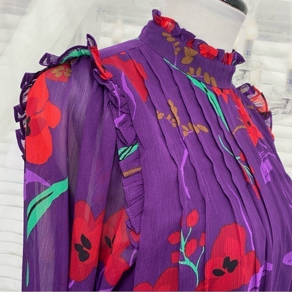 Calvin Klein Purple Red Floral Long Balloon Sleeve Mock Trapeze Above Knee Dress - Picture 9 of 12